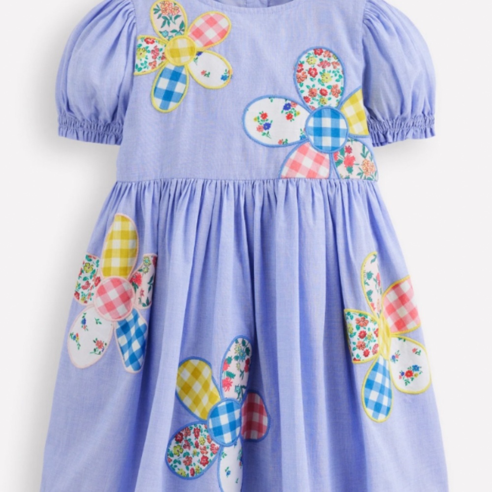Mini Boden - Madeline Blue Floral Patchwork Applique Dress, Size 7-8
